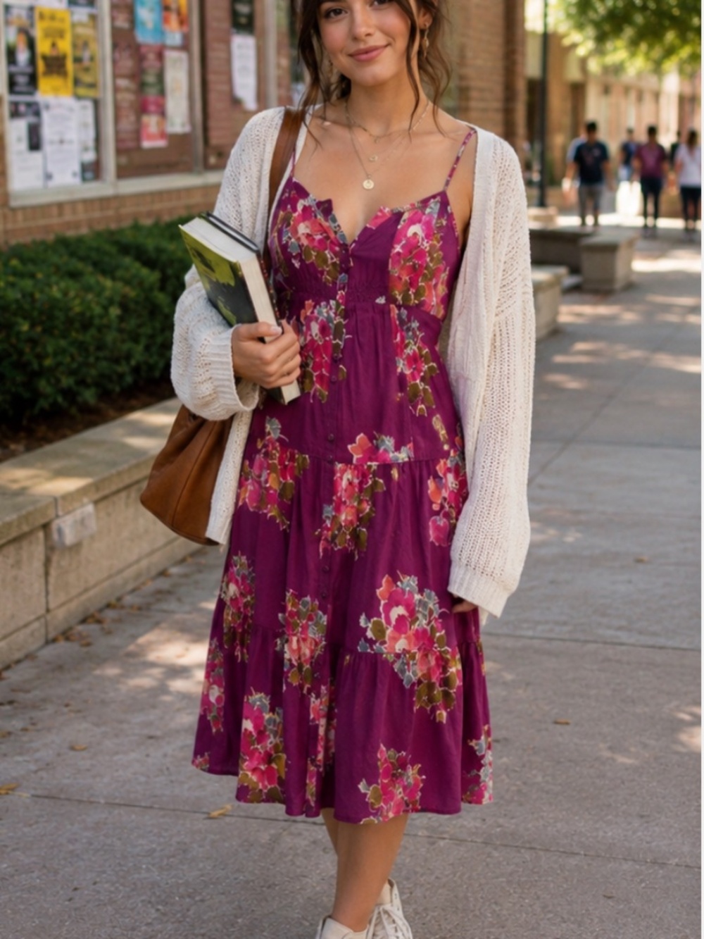 American Eagle  Burgundy Floral Button-Front Spaghetti Strap Dress